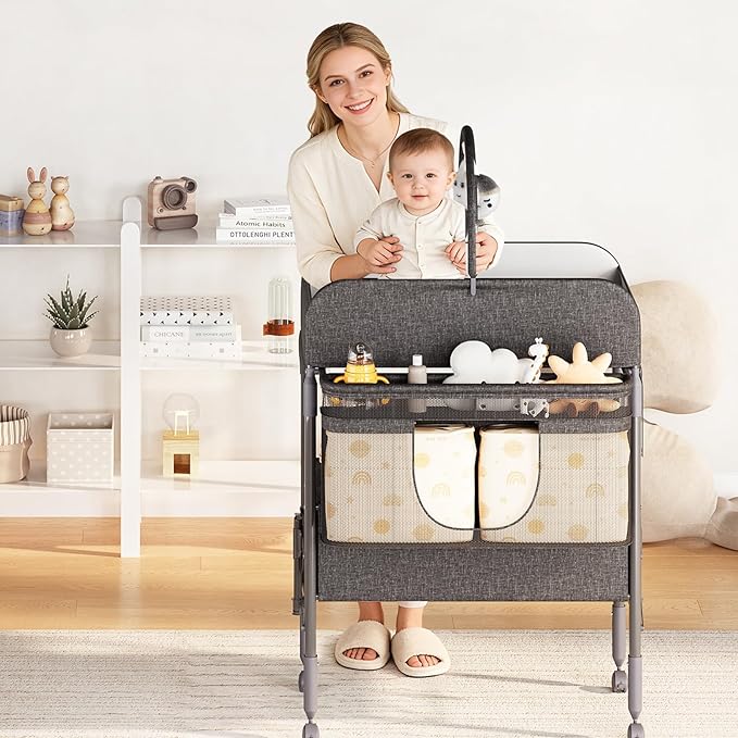 Adjustable Height Baby Changing Table with Wheels, Collapsible Diaper Station with 2 Drawers & Storage, Mobile Nursery Organizer with Waterproof Top for Newborns (Grey)