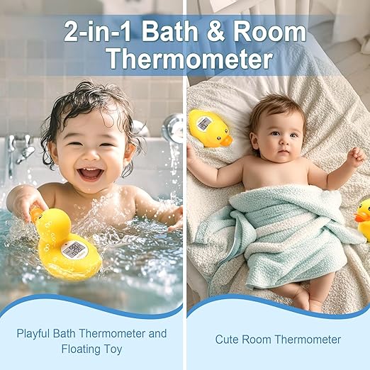 Instant-Read Baby Bath Thermometer - Baby Safety Rubber Duck with Auto Water Temperature Alert & Timer, Cute Floating Bath Toy & Digital Room Thermometer, Essential Must-Have for Baby