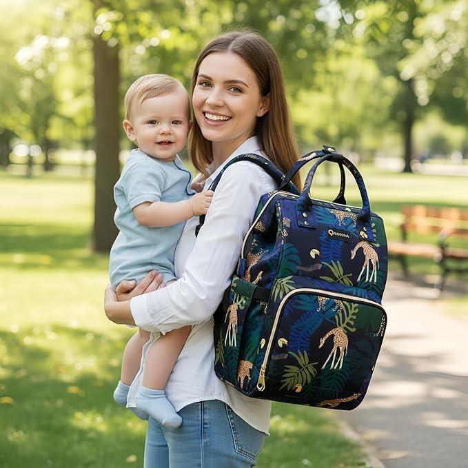 Diaper Bag Backpack, Animal Print Travel Nappy Bag with USB Charging Port Stroller Straps and Insulated Pocket For Women/Mum (Animal Print Pattern)
