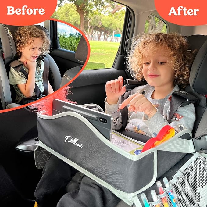 PILLANI Kids Travel Tray for Car - Car Seat Tray/Table for Kids Travel, Roadtrip Activities , Road Trip Essential Accessories, Must Have Toddler Lap Desk Organizer for Airplane