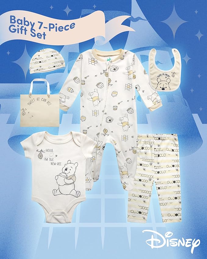 Disney Newborn Baby Girl Boy Clothes - 7 Piece Mickey Mouse Winnie the Pooh Bib Onesie Overall Beanie Pants Gift Bag Gift Set