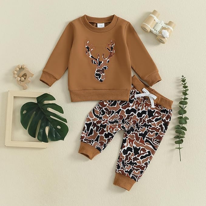 Muineobuka Toddler Baby Boy Hunting Clothes Reindeer Embroidery Sweatshirt and Camouflage Pants Outfits Baby Camo Clothing