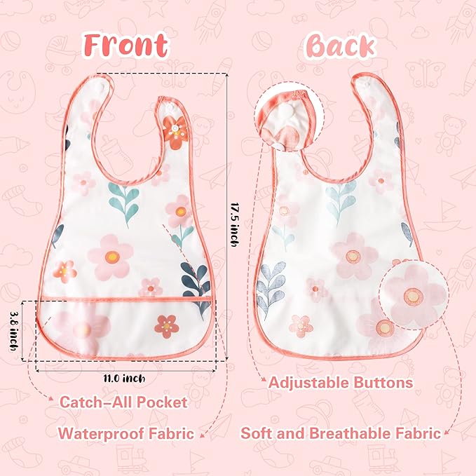R HORSE 5Pcs Baby Bibs Set Toddler Bibs with Crumb Catcher Pocket & Snap Button Waterproof Baby Feeding Bibs for 6-24 Months