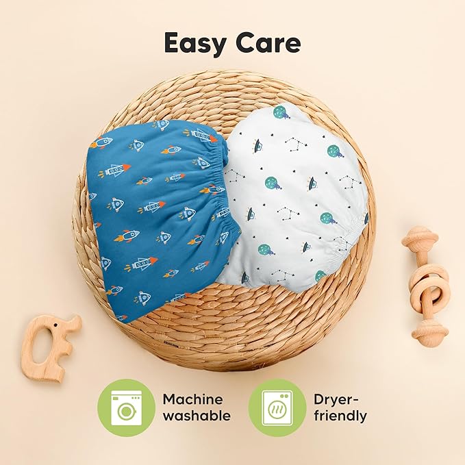Pack and Play Sheets Fitted - 2-Pack Mini Crib Sheets for Pack N Play Mattress 38x26, Soft & Cozy, Neutral Toddler Playard Bedding, Snug Fitted Mini Baby Crib Mattress Cover Boy, Girl (Space Quest)