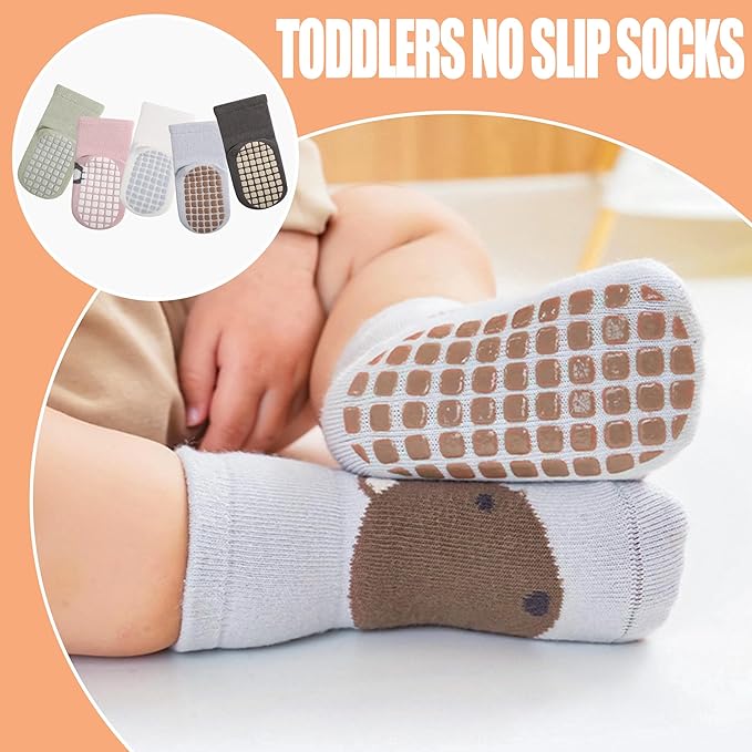 TRUEHAN 5 Pairs Toddler Non Slip Socks with Grips Baby Socks for Kids Girls Boys