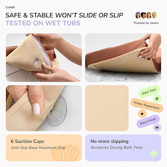 Baby Bath Kneeler and Elbow Rest Pad Set – 1.8″ Thick 2025 Color of the Year Mocha Mousse Memory Foam Kneeling Pad & Elbow Cushion with 6 Suction Cups, 4 Mesh Pockets, Waterproof & Machine Washable
