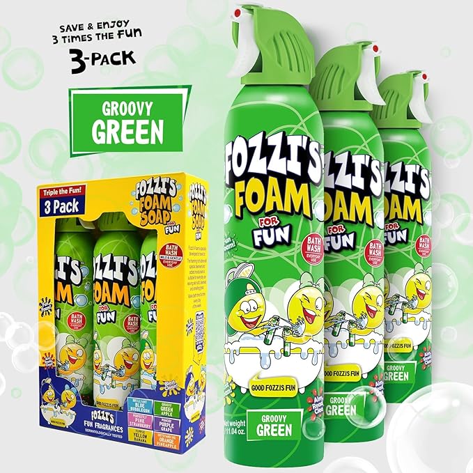 FOZZI'S Groovy Green Bath Foam Soap for Kids (3 Pack) - Fun Aerosol Spray - Squishy Bubble Soap for Playtime - Gentle Cleanser Foaming Body Wash - Safe Bath Fun for Everyday Wash
