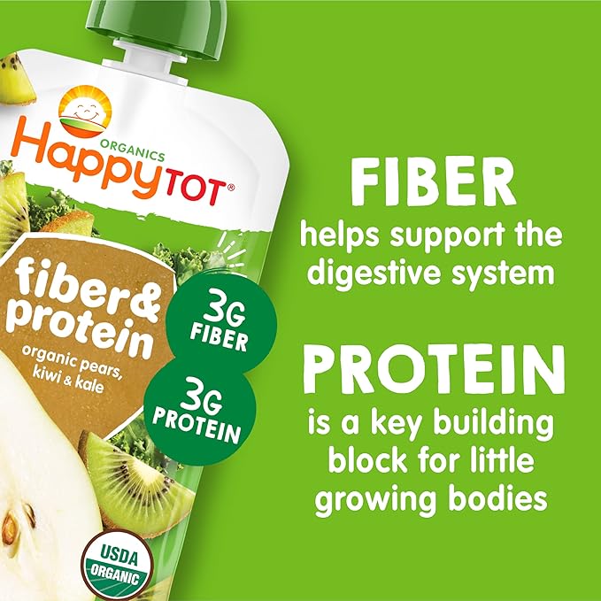 Happy Tot Organics Stage 4 Baby Food Pouches, Gluten Free, Vegan Snack, Fiber & Protein Fruit & Veggie Puree, Pears, Kiwi & Kale, 4 Ounce (Pack of 16)