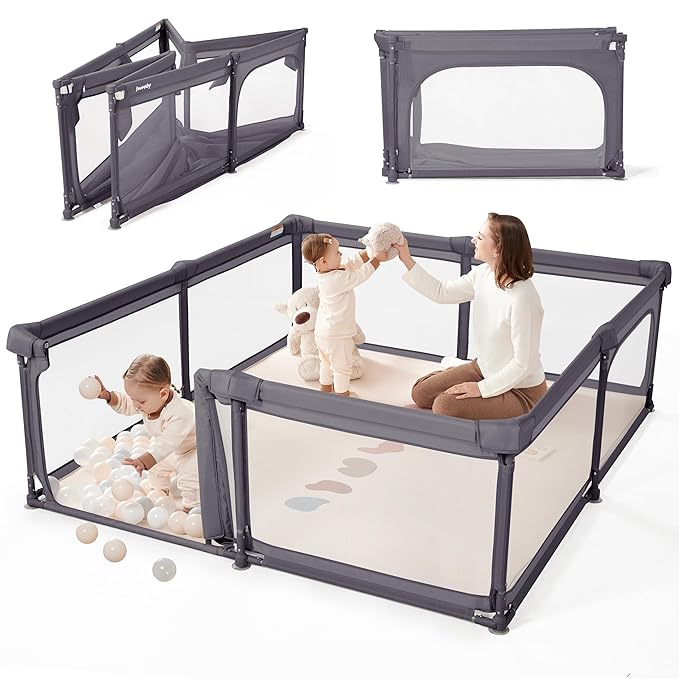 Sweeby Baby Playpen, 79x71 Inch Foldable Playpens for Babies and Toddlers with Gate, Extra Large Playpen with Door Play Yard for Baby Fence Indoor and Outdoor Portable Play Pen,Dark Gray