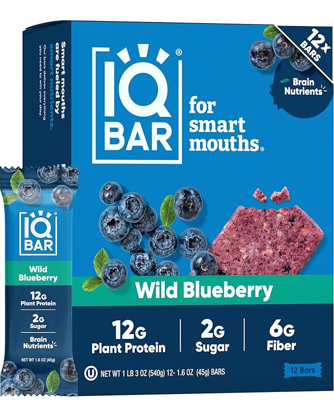 IQBAR Brain and Body Keto Protein Bars - Wild Blueberry Keto Bars - 12-Count Energy Bar Pack - Low Carb Protein Bars - High Fiber, Gluten Free and Low Sugar Meal Replacement Bars - Vegan Snacks