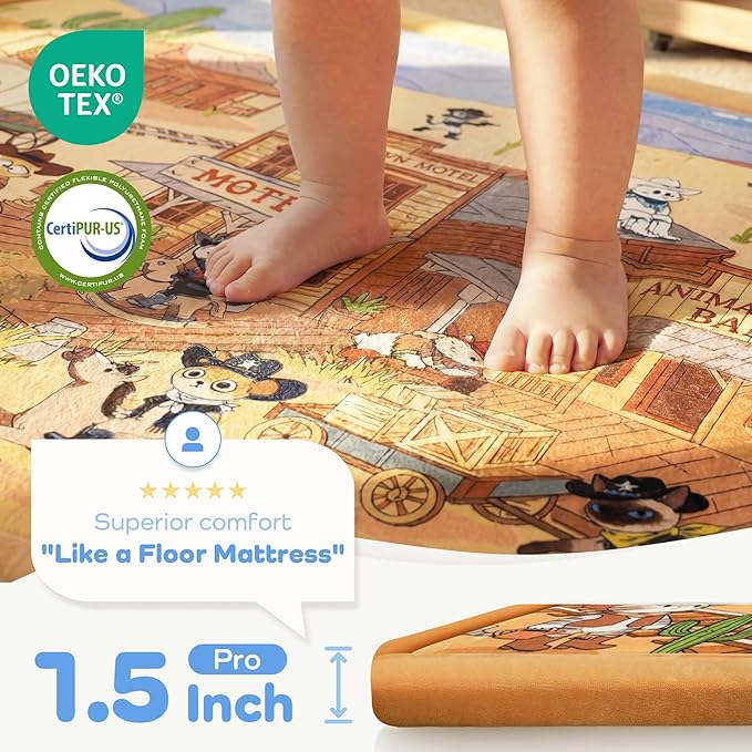 1.5" Thick Educational Extra Large Baby Floor Play Mat 79x158, Flannel Padded Memory Foam Kids Mat, Non-Slip Plush Playmat for Nursery Playroom Classroom (Western Cowboy)