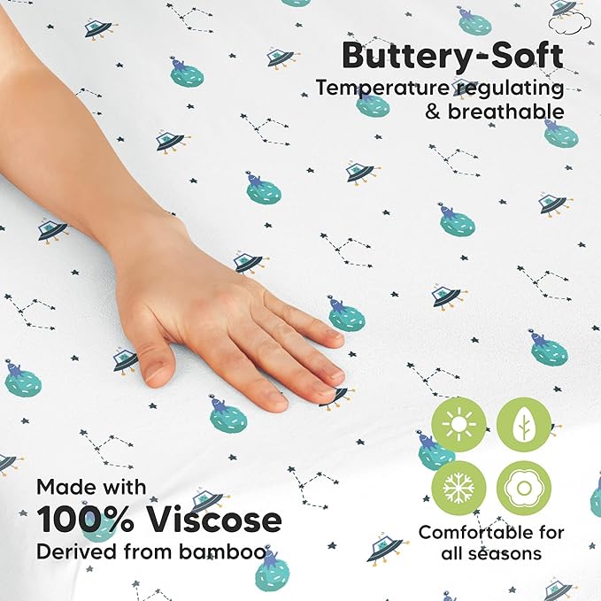 Pack and Play Sheets Fitted - 2-Pack Mini Crib Sheets for Pack N Play Mattress 38x26, Soft & Cozy, Neutral Toddler Playard Bedding, Snug Fitted Mini Baby Crib Mattress Cover Boy, Girl (Space Quest)