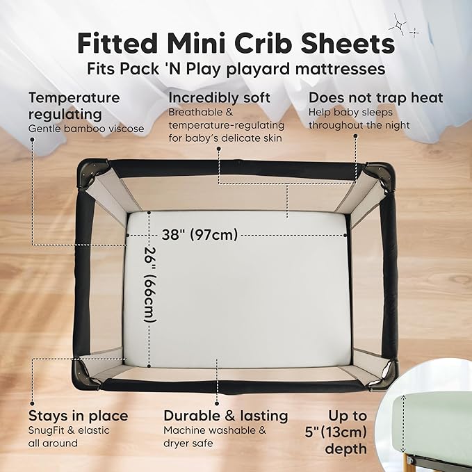 Pack and Play Sheets Fitted - 2-Pack Mini Crib Sheets for Pack N Play Mattress 38x26, Soft & Cozy, Neutral Toddler Playard Bedding, Snug Fitted Mini Baby Crib Mattress Cover Boy, Girl (Sage)
