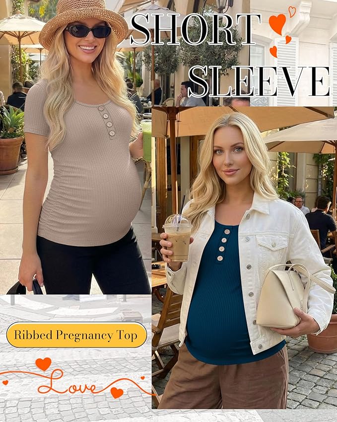 4 Pack Womens Maternity Shirts Scoop Neck Cotton Short Sleeve Ribbed Pregnancy Top Henley Side Ruched Mama Clothes