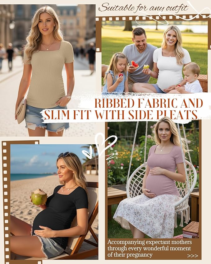 Huukeay 4 Pack Women's Maternity Shirts Cotton Ribbed Short Sleeve Square Neck Pregnancy Tops Side Ruched Summer Tee
