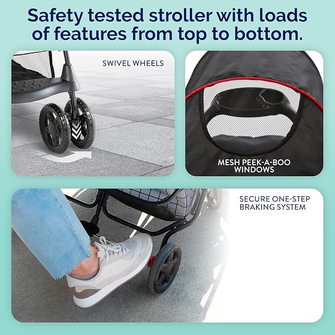 Kolcraft Cloud Plus Lightweight Double Stroller Side-by-Side for Infant Toddler, Compact Folding Travel System with Reclining Seats, Canopies, Storage Basket, Trays, Easy Maneuver – Red Black