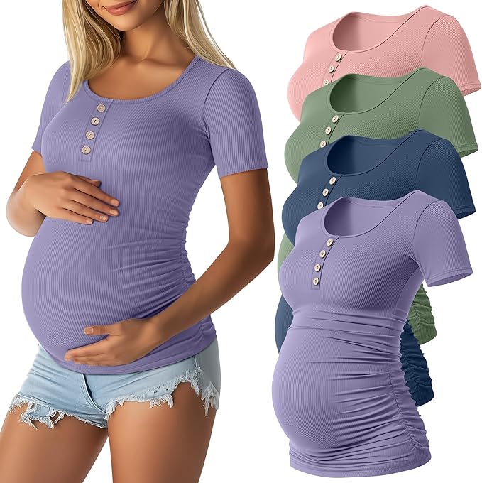 4 Pack Womens Maternity Shirts Scoop Neck Cotton Short Sleeve Ribbed Pregnancy Top Henley Side Ruched Mama Clothes