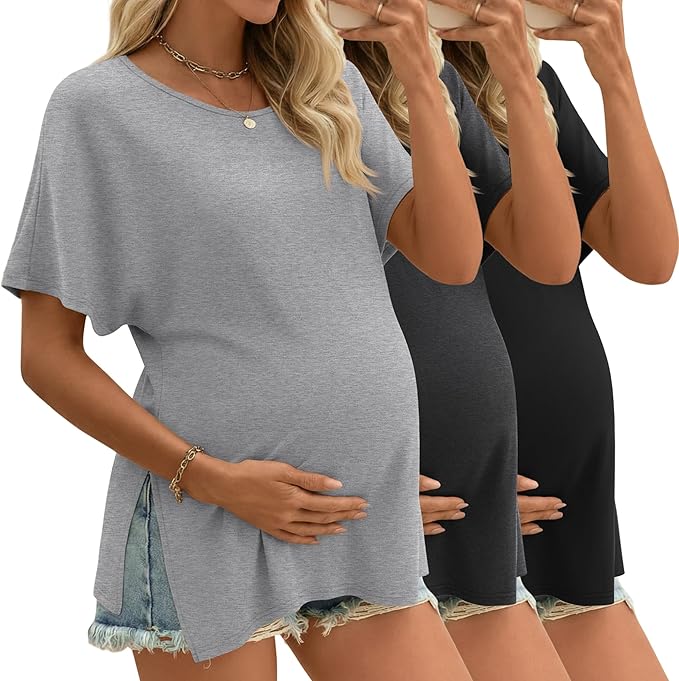 Riyiper 3 Pack Women's Maternity Tunic Shirts Cotton Summer Pregnancy Clothes Loose Oversized Split Side Blouse Tops