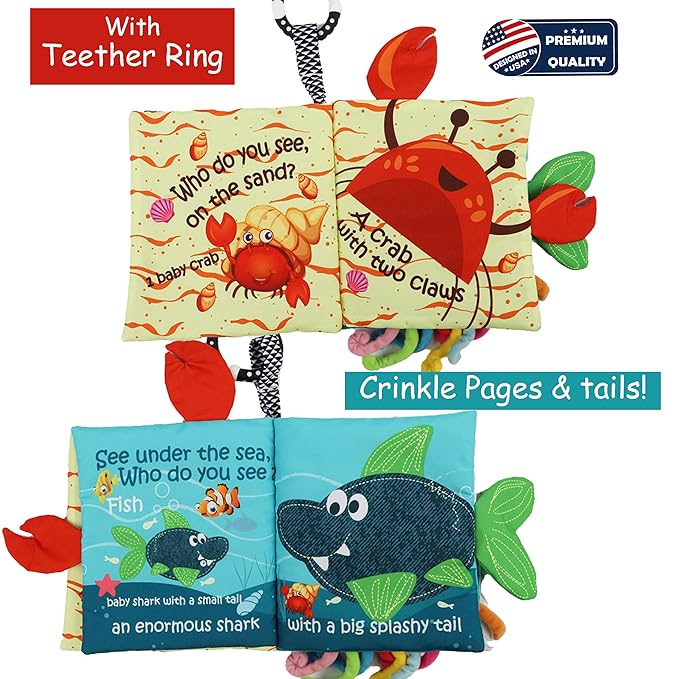 Fish Baby Books Toys, Touch and Feel Crinkle Cloth Books for Babies,Infant, Baby Toys 0-6-12 18 Months, Learning Education Soft Sensory Mirror Toy, Shower Gifts Christmas for Baby Boys Girls-Green