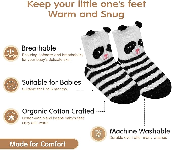 Organic Cotton Baby Socks 0-6 Months Soft for Infants Breathable, Newborn Socks Girls boys Animal Design