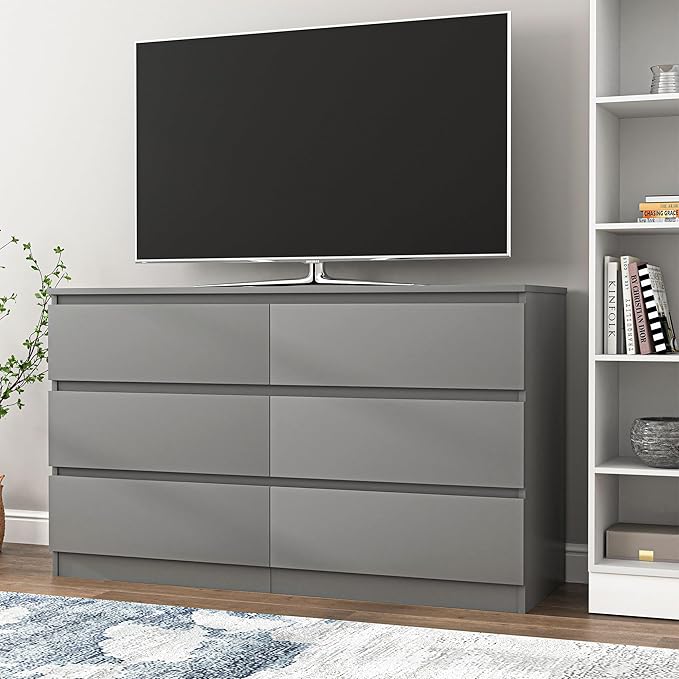 Grey Dresser for Bedroom,48'' Modern 6 Drawer Dresser with Deep Drawer,Storage Wide Chest of Drawers,Wood Bedroom Storage Furniture for Living Room,Closet
