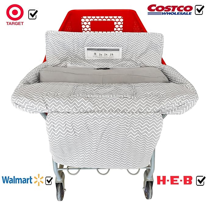 Love&go Soft Pillow Attached 2-in-1 Shopping Cart and High Chair Cover for Baby, Cotton Padded Cart Cover, Fold'n Roll Style, Portable with Carry Bag (Gray Chevron)