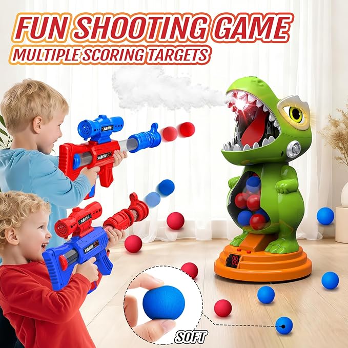 BAODLON Dinosaur Shooting Toys for Boys 4 5 6 7 8 Years Old, Movable Electronic Scoring Target Game with 2 Toy Gun, Spray & Light & Sound, 24 Foam Balls, Christmas Birthday Gift for Kids 3-5, 5-7