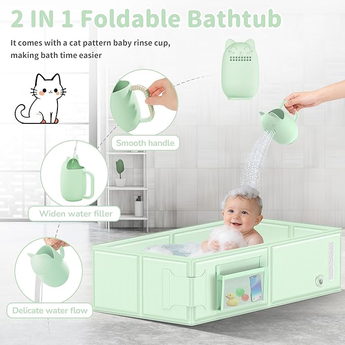 Baby Bathtub, Collapsible & Portable Bathtub with Cat-Patterned Bath Rinse Cup,Foldable Bath Tub for Small Bathroom,Toddler Tub for 6M-5Y,Baby Travel Essentials for Hotel,Camping & Beach