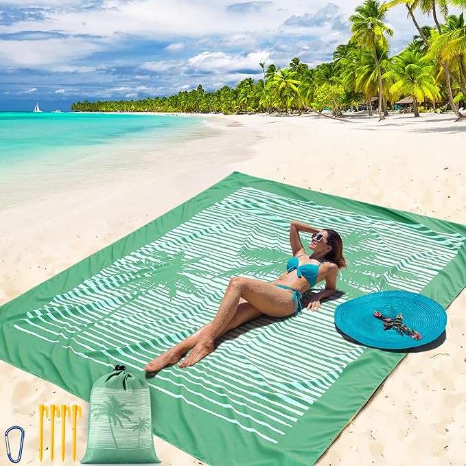 Beach Blanket Waterproof Sandproof Beach Mat 79" X 83"/10'x9'for 2-8 Adults Quick Drying Outdoor Picnic Mat Beach Accessories for Travel, Camping, Hiking