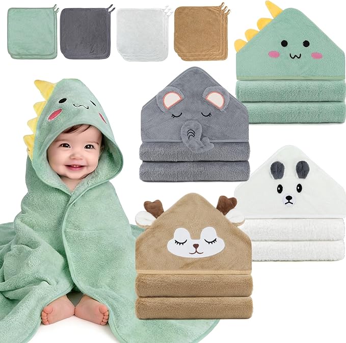 14PCS Baby Bath Towels Set, Includes 4 Hooded Towels (31.5”x31.5”) & 10 Washcloths, Ultra Soft & Absorbent Coral Fleece, for Newborn to Toddler, Essential