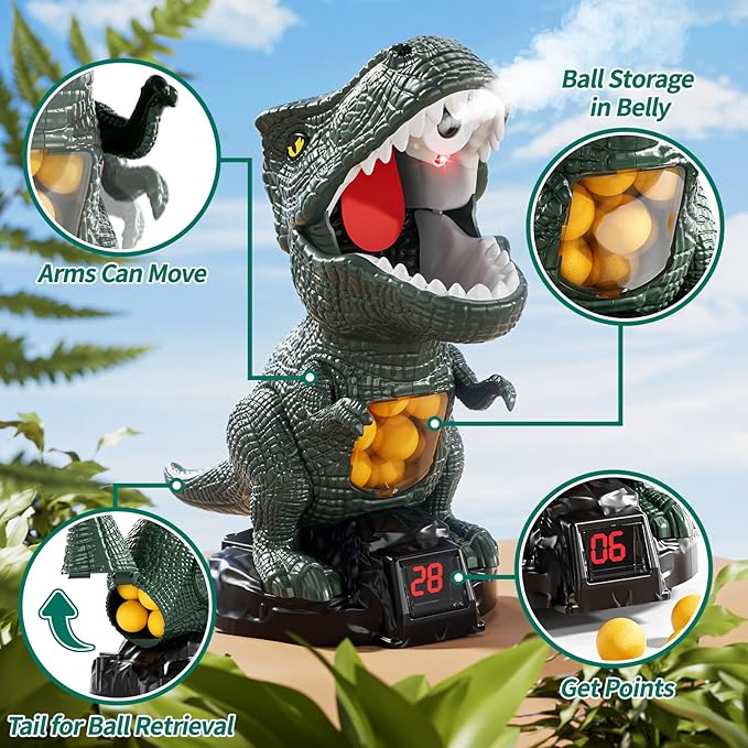 Dinosaur Shooting Boy Toys for Kids Age 3 4 5 6 7 8 - Moveable Shooting Game with Scoreboard, Light & Sound, 12 Foam Balls, Boy Toddler Toys 5-7 6-8 8-10, Competition Game Gifts (Dark Green)