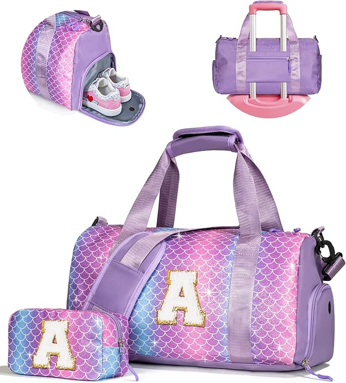 Gifts for Teenage Girls-Birthday Gift for Daughter 3-12 Years Old-Girl Gym Bag with Shoe Compartment, Kid Personalized Dance Bags with Makeup Pouch, Gifts for Granddaughter/Kids (Letter A)