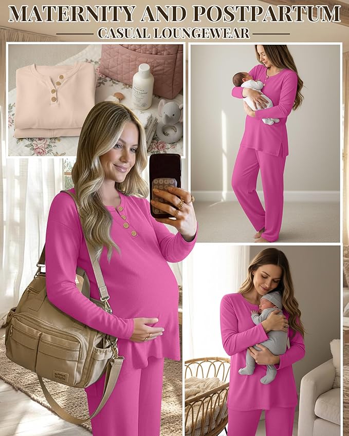 2 Piece Thermal Maternity Lounge Set Postpartum Pregnancy Fleece Loungewear Long Sleeve Top and Wide Leg Pant