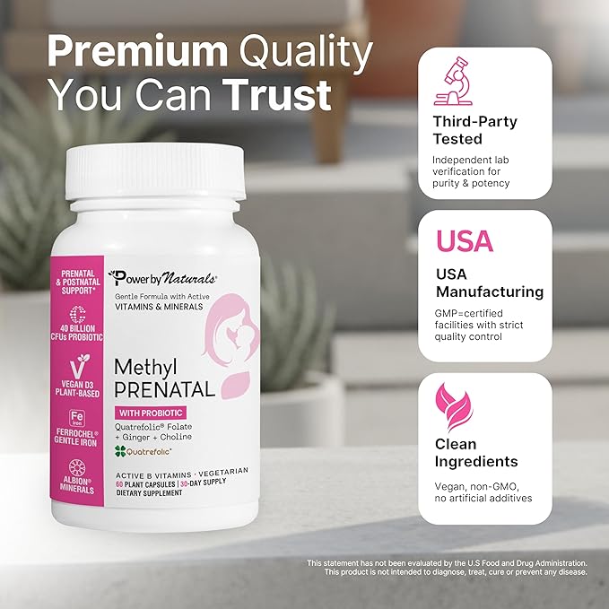 Power By Naturals Methyl Prenatal with Probiotics – Prenatal Vitamins for Women with Iron, Methyl Folate, Ginger, Active B12 & 27+ Essential Nutrients, Pregnancy Supplements, 60 Vegan Capsules