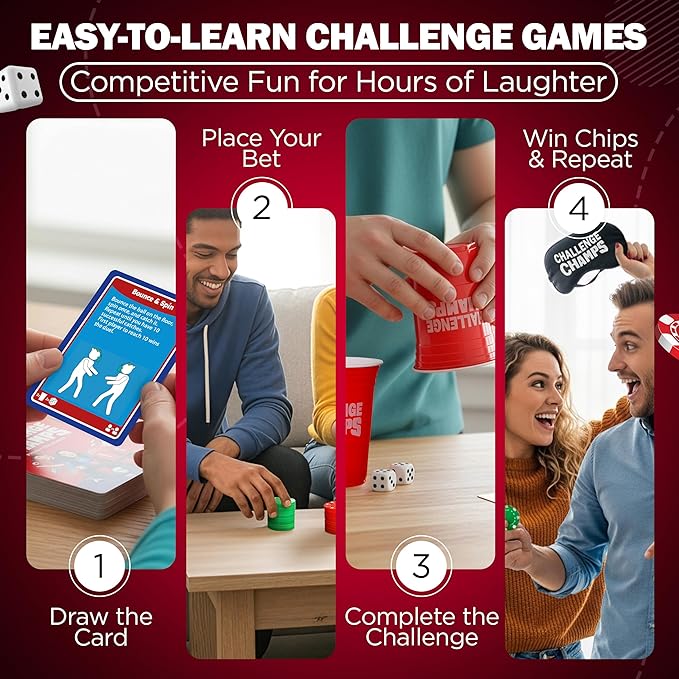 Action Party Game – 200 Skill Challenges for Team Building, Family Game Night | Complete Set for Adults, Teens, Kids 8+ with 10+ Accessories | Competitive Group Activity