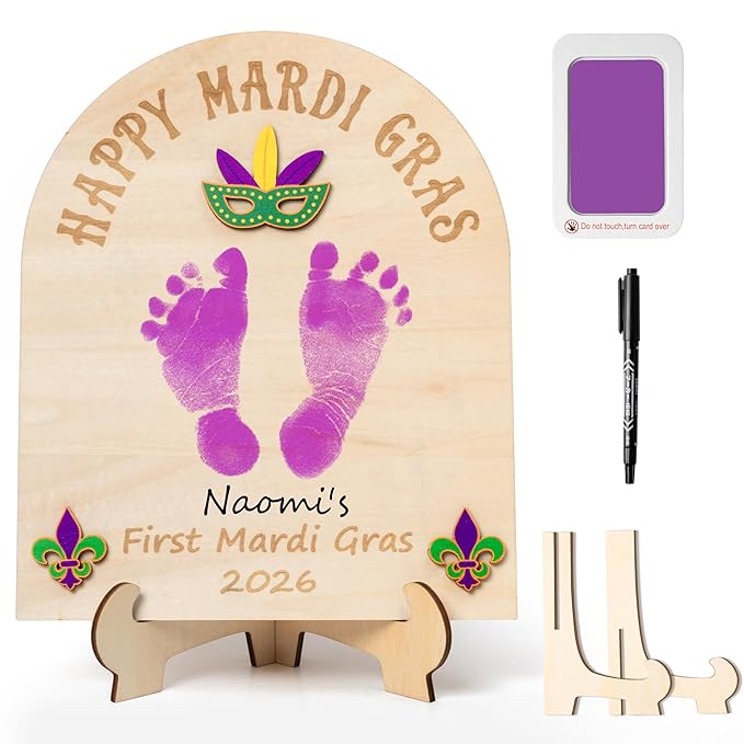 R HORSE 3D Baby's First Mardi Gras Footprint or Handprint Art Sign Craft, Happy Mardi Gras DIY Wooden Hanging Decoration, Newborn Keepsake Gift for Unisex Baby Carnival Party Photo Prop Nursery Decor