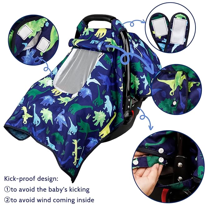 Carseat Cover Boy, Winter Baby Carseat Seat Cover, Carseat Canopy Cozy & Warm Cover with Peep Windows, Blue Dinosaur Stuff