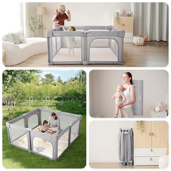 Sweeby Baby Playpen, 59x59 Inch Baby Gate Foldable Playpens for Babies and Toddlers, Extra Large Playpen with Door Play Yard for Kids Fence Indoor and Outdoor Play Pen, Gray