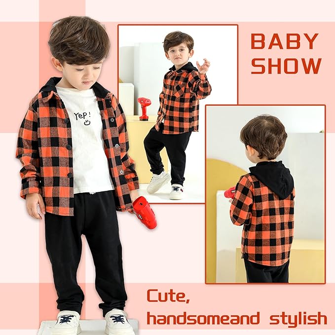 YOUNGER STAR Toddler Kids Boys Girls Flannel Hooded Plaid Shirt Button Baby Red Clothes
