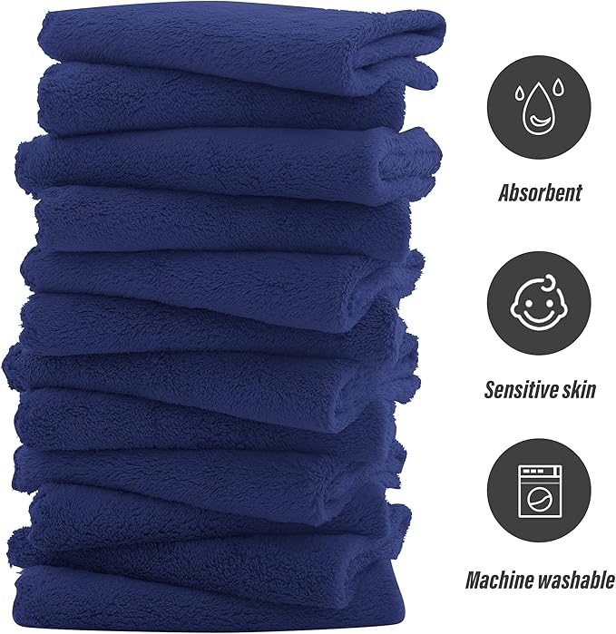 Sunny zzzZZ Ultra Soft 24 Pack Baby Washcloths - 10x10 Inches - Coral Fleece Extra Absorbent Wash Clothes for Babies, Infants and Toddlers - Sensitive Skin and Newborn - Ideal Baby - Navy Blue