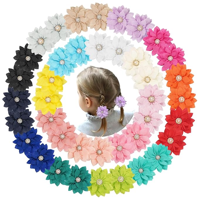 40Pcs Baby Chiffon Flower Hair Ties for Toddler Girls - 2.2 Inch Handmade Pearl Rhinestone Chiffon Flower Soft Elastics Ponytail Holders for Newborns to Kids