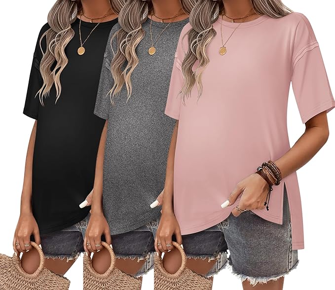 Ekouaer Maternity Shirts 3 Packs Short Sleeve Womens Oversized Pregnancy Tops Split Side Postpartum Blouse Clothes S-XXL