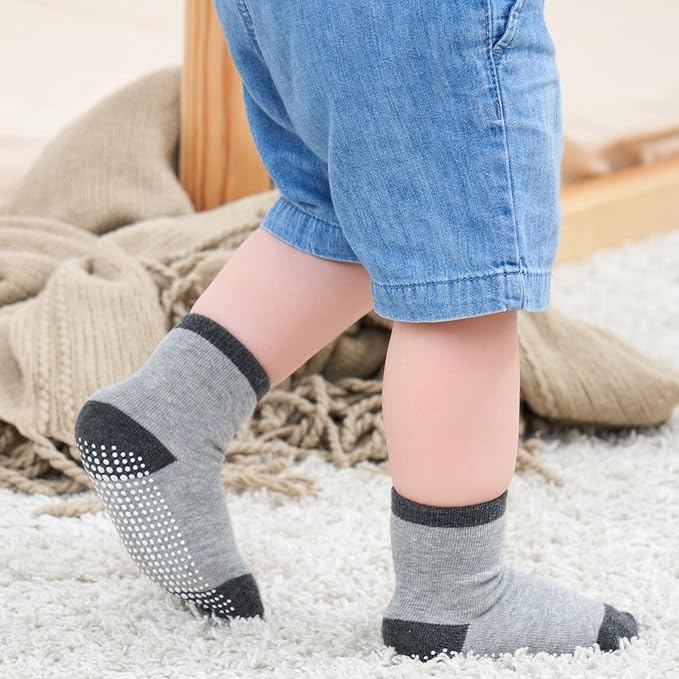 ZAPLES Baby Non Slip Grip Crew Socks with Anti Skid Soles for Infants Toddlers Kids Boys Girls