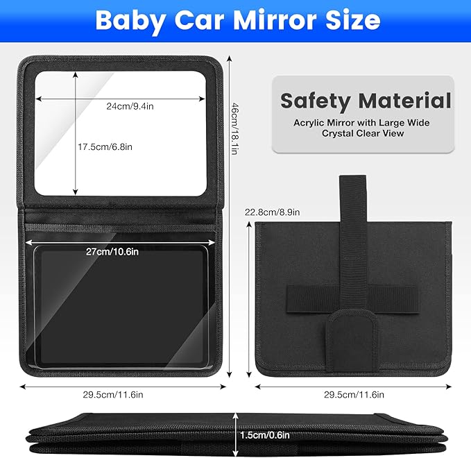 Baby Car Mirror with Adjustable Tablet Holder, Road Trip Essentials for Kids, Backseat Mirror to See Rear Facing Infant, Ipad Case for Car Headrest