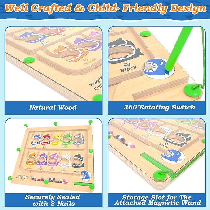 Magnetic Color & Number Maze, Montessori Counting Matching Toys, Wooden Magnet Maze Board Game Fine Motor Skills Toys for 3 4 5 Years Old Preschool Learning Activities