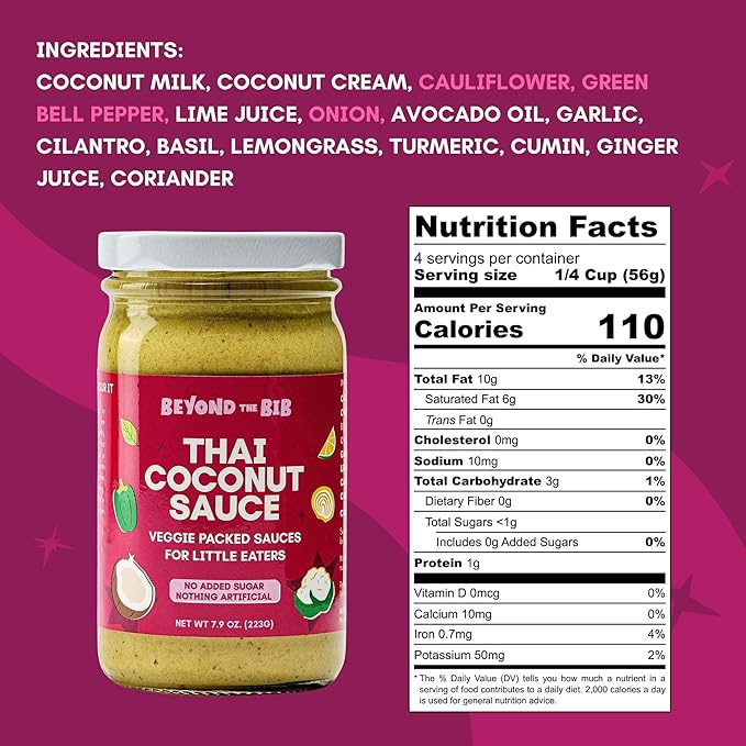Beyond the Bib All Natural Toddler Sauces for Picky Eaters - Hidden Vegetables, No Added Sugar, Quick & Healthy Mealtime Solution - For 24+ Months (Thai Coconut Sauce - 3 Pack)
