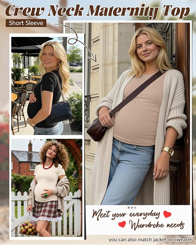 Huukeay 4 Pack Women's Maternity Shirts, Crew Neck Maternity Top Short Sleeve Casual Cotton Tee Side Ruched Pregnancy Clothes