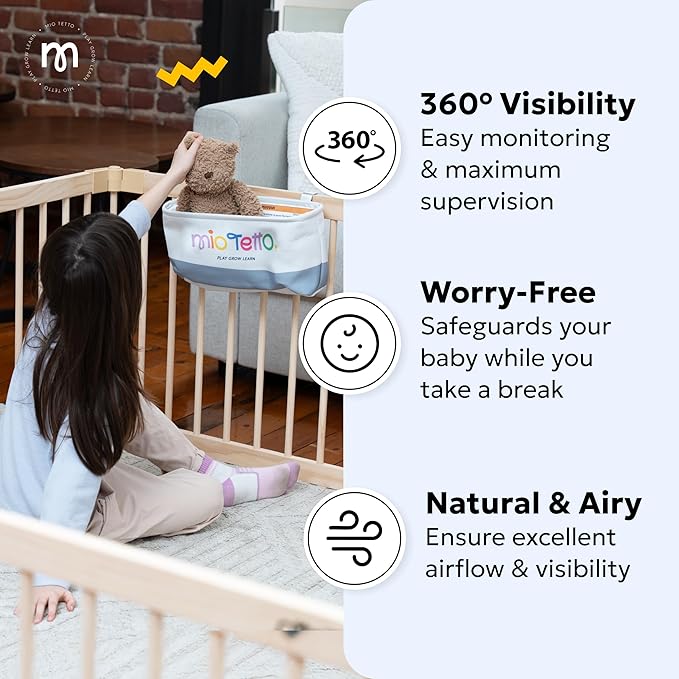 Miotetto Baby Playpen, Wooden Playpen for Babies and Toddlers, Foldable Fence with Montessori Activity Panel, Storage Basket & Gate, Portable, Easy to Assemble Baby Play Pen Natural Wood Playyard