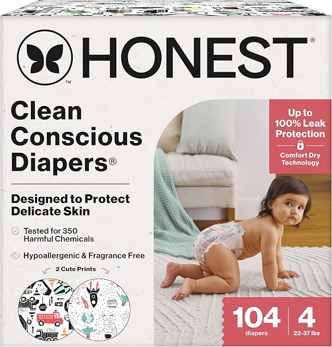 The Honest Company Comfort Dry Disposable Diapers for Sensitive Skin, Hypoallergenic, Space Travel + Big Trucks, Super Club Box Size 4 (22–37 lbs) 104 Count