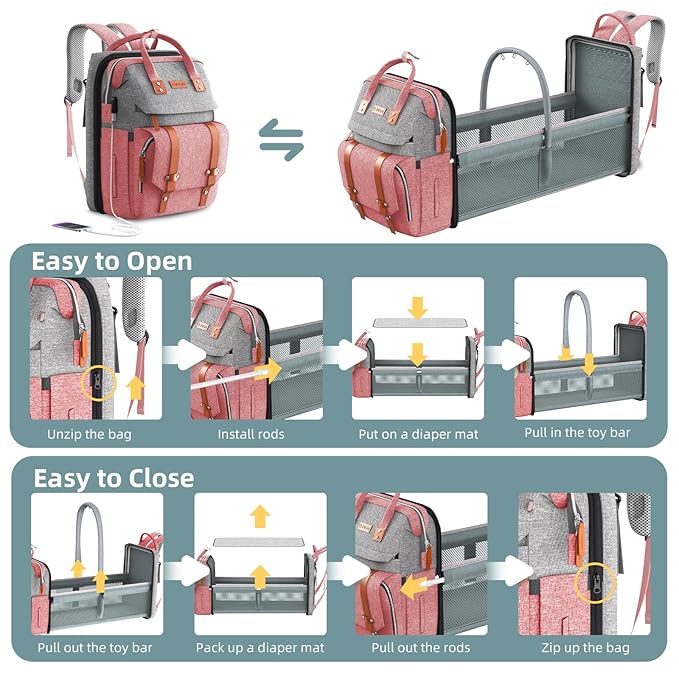 Diaper Bag Backpack with Changing Station, Large Diaper Bag, Baby Bag with Changing Station, Pink Diaper Bag, Pinkgray